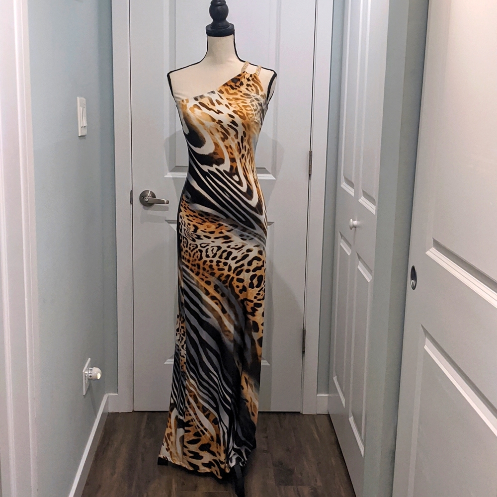 Cache animal print one shoulder maxi dress